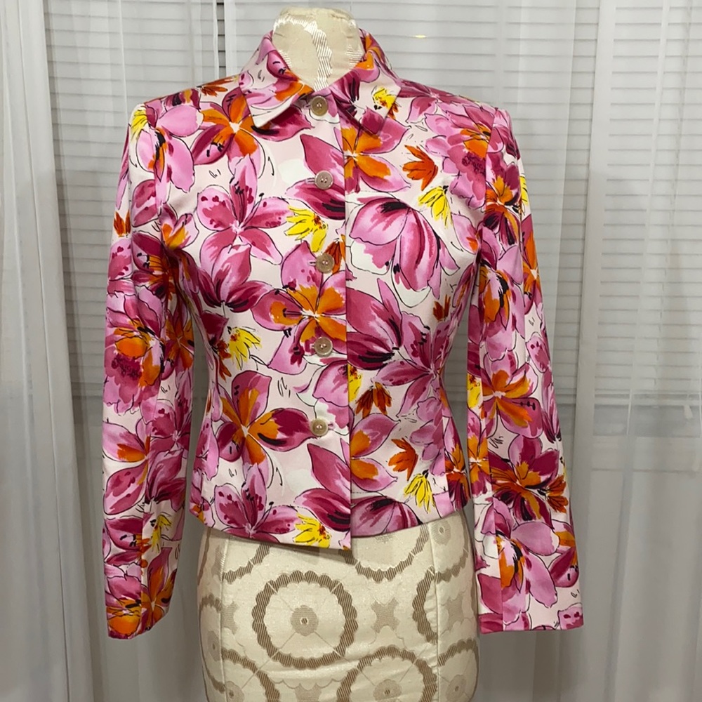 Bold Floral Silk Blend Blazer | Jones New York Petite Pink Cropped Jacket 2P